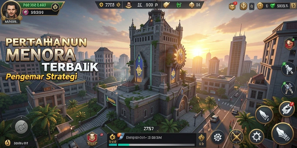 Screenshot gameplay yang menampilkan pertahanan menara yang strategis.