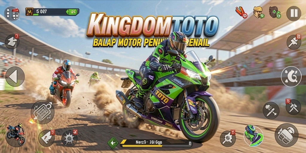 Screenshot KINGDOMTOTO menampilkan aksi balap motor yang mendebarkan.