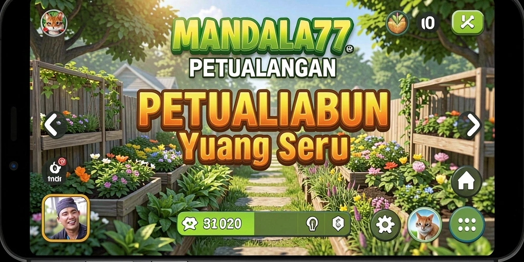 Tampilan gameplay MANDALA77 yang menampilkan kebun yang rimbun dan berwarna-warni.