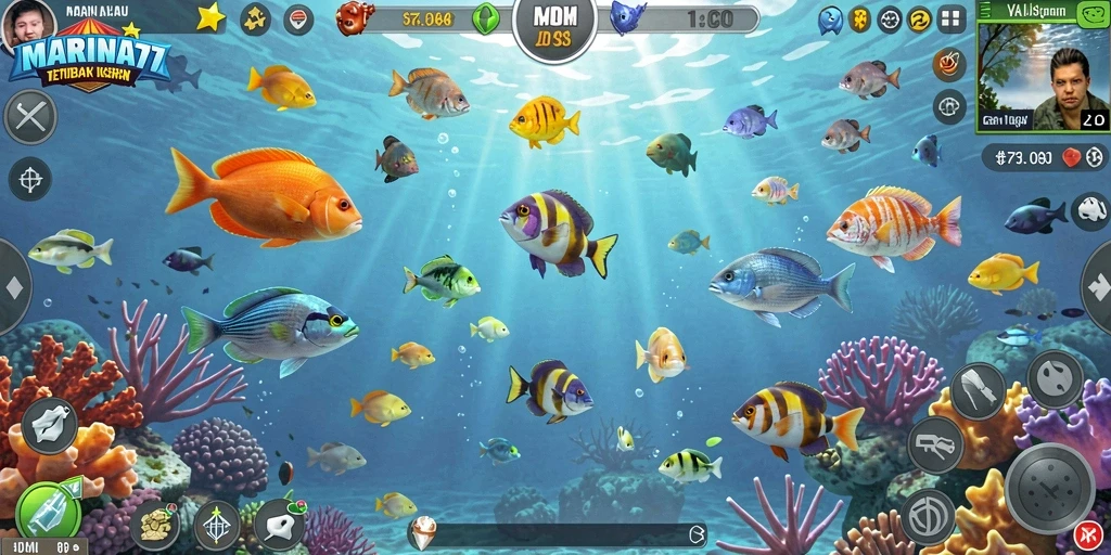 Tampilan gameplay MARINA77 dengan aksi menangkap ikan.