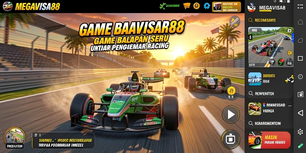 Gameplay balapan seru di MEGAVISA88 dengan mobil kustomisasi.