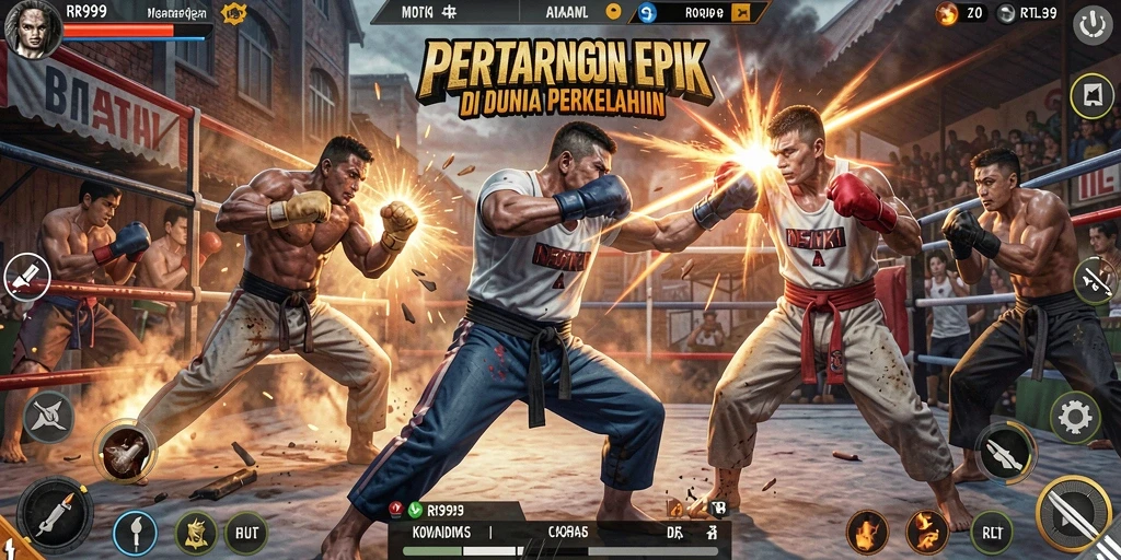 Screenshot gameplay RR999 menampilkan pertarungan seru antara karakter dengan efek visual menakjubkan.