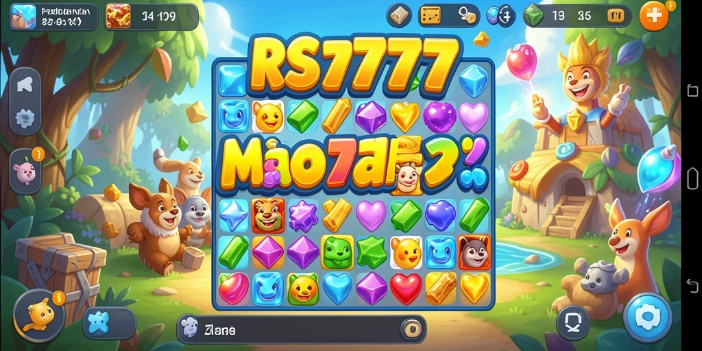 Tangkapan layar gameplay RS777 yang menampilkan serunya permainan Match-3.