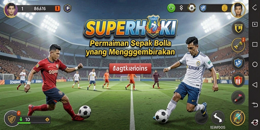 Screenshot gameplay SUPERHOKI menunjukkan aksi seru di lapangan sepak bola.