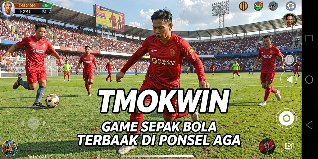 Screenshot utama TMOKWIN menampilkan aksi permainan sepak bola yang dramatis.